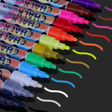 Liquid Erasable Chalk Markers Pens - 12 Colors Washable  Wet Erase Neon Make...