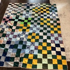 Patchwork Quilt Grandma Square Yellow Green Blue Cottage No Batting 75x96 VTG