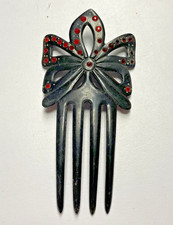 Vintage Art Deco Faux Black Hair Comb Ornate Red Rhinestones READ