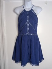 Lulus Dress Womens Medium Blue Crochet Halter Fit & Flare Boho Mini Sundress