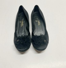 Vintage Chanel Women  s Black Satin Mesh Flowers Ballet Flats Shoe Size 37