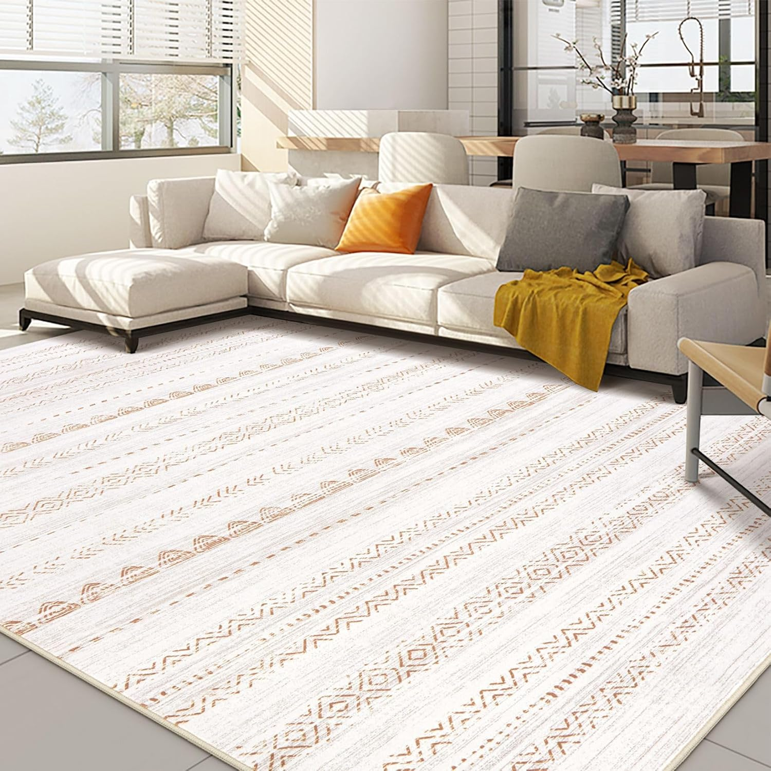 5x7 Washable Boho Neutral Farmhouse Moroccan Area Rug for Living Room
