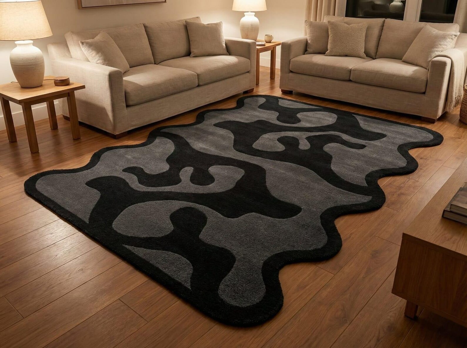 Abstract Grey Black  Handmade Irregular Shape Carpet Modern Living Room Area Rug