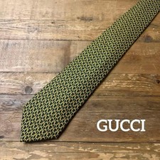 GUCCI Necktie Tie Green Yellow All over chain pattern Made in Italy 100 Silk