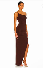 Nookie Aria Chocolate Brown One Shoulder Ruched Side Slit Maxi Dress XS