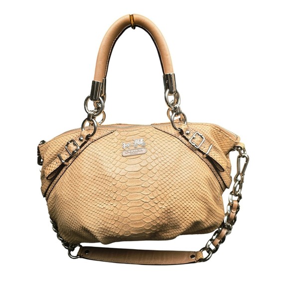 Coach Madison Sophia Satchel M Tan Python Embossed Leather Silver Chain Luxury