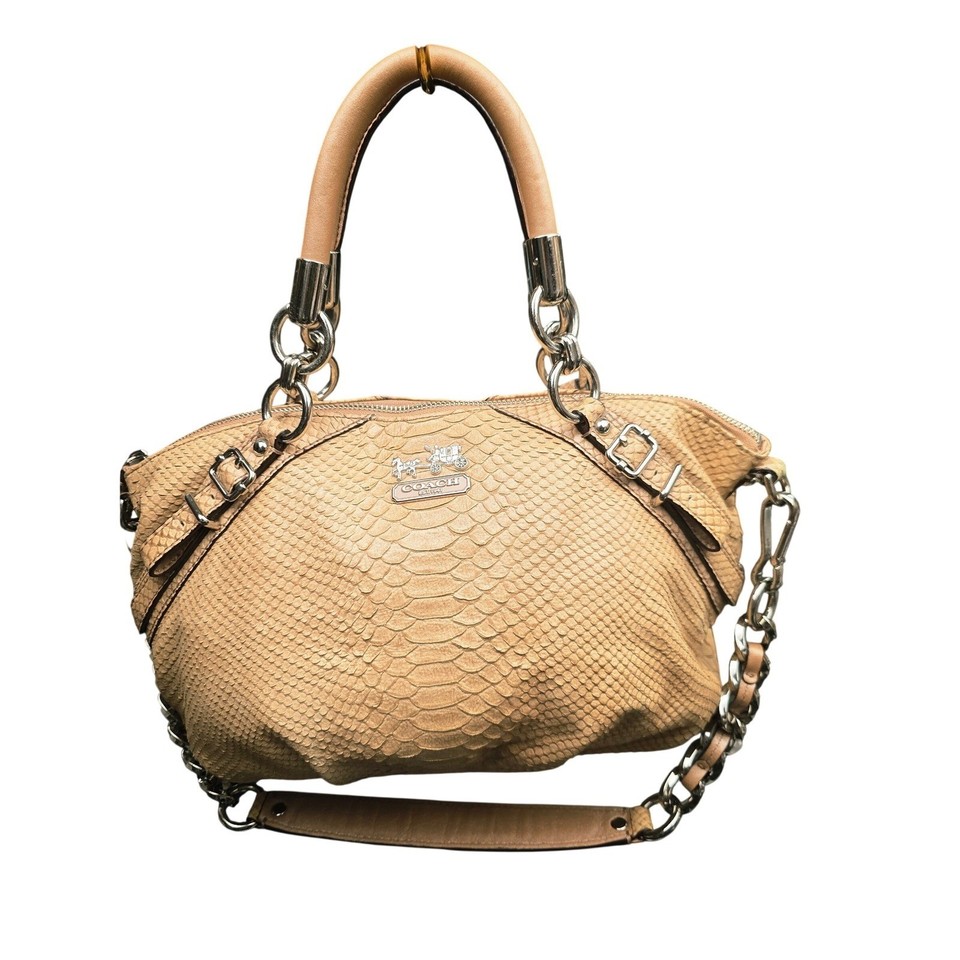 Coach Madison Sophia Satchel M Tan Python Embossed Leather Silver Chain Luxury