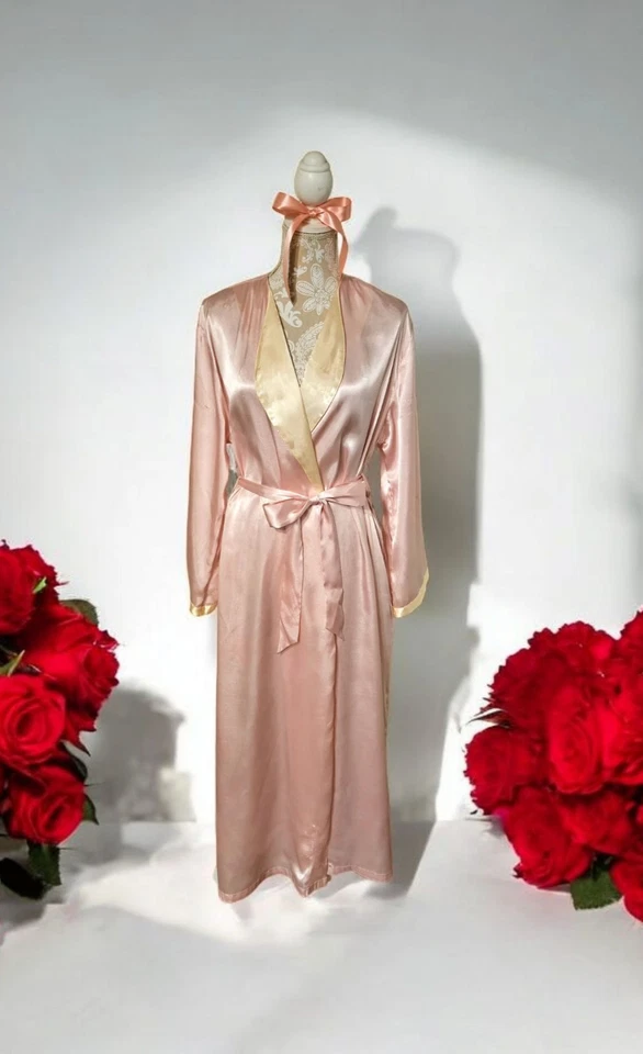 Bata de satén Y2K Jones New York rosa amarillo con cinturón bolsillos largos L/XL excelente Foto 3 de 4