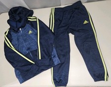 Boys Adidas Size 5 Hoodie Pants Set Navy Lime Green EUC