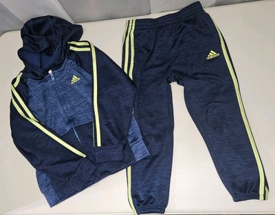 Boys Adidas Size 5 Hoodie Pants Set Navy & Lime Green EUC