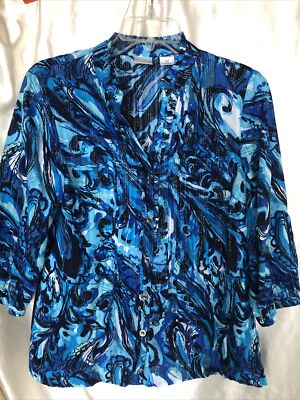 Abstract Blue Design Ruffled Blouse Button Up Top Medium 3/4 Sleeve