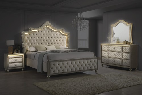 NEW LED Beige Cream Queen King 4PC Velvet Bedroom Set Modern Furniture Bed/D/M/N - Picture 2 of 17