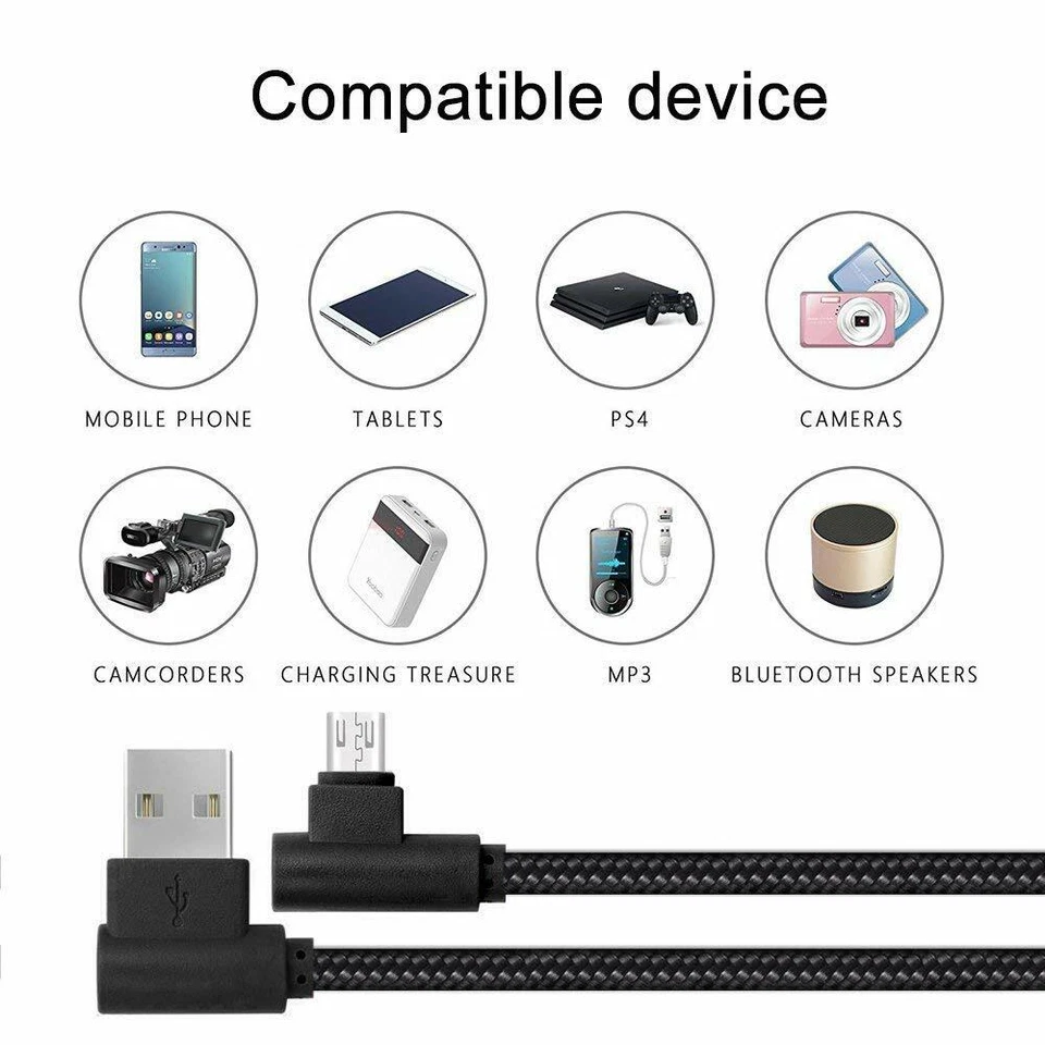 2 PACK 10FT Micro USB Cable 90 Degree RIght Angle Fast Charge Extra Long Charger - Image 4 of 4