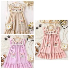 New Girls Flower Embroidered Pocket Ruffle Hem Princess Dress