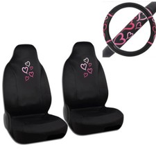 Pink Hearts Logo Car Truck Front Bucket Seat Covers Steering Wheel Cover Set