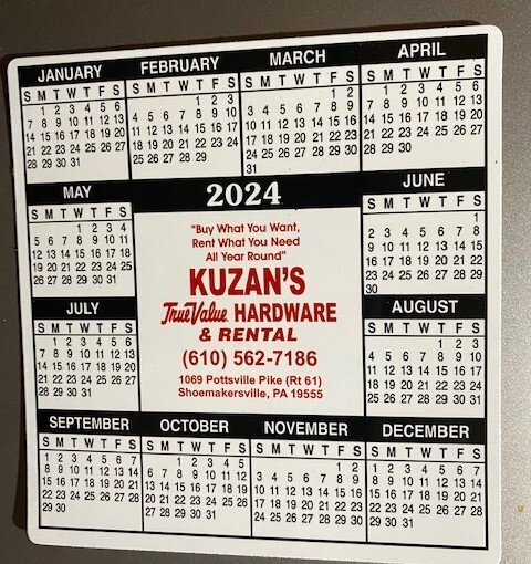 2024 Yearly Magnetic Calendar 5" Square Local PA Advertising Kuzan's Hardware