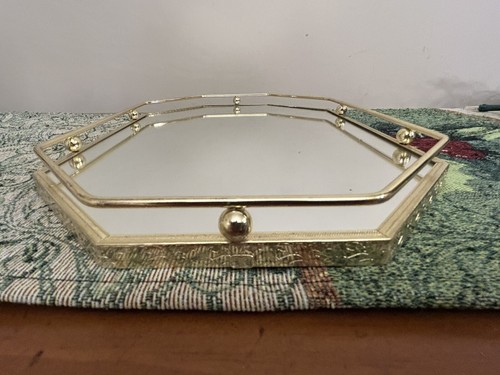 Vintage Gold Mirror Vanity Tray Floral Engraved Edge Octagon Glass New 9X14” - Picture 15 of 19