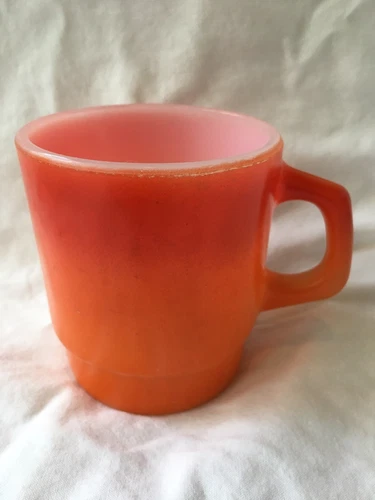 Vintage Red Orange Anchor Hocking Fire King Glass D Handle Cup Mug Stackable USA