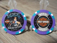 Harley Davidson Emblem Poker Chip - Waikiki - Honolulu, Hawaii - Purple Blue Wht