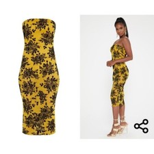 PrettyLittleThing Mustard Flocked Body Suit Lined Bandeau Midi Dress Size 12