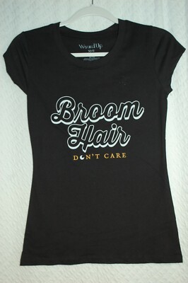 Jr Womens Halloween S/S T-Shirt BROOM HAIR DON'T CARE Black Cap Sleeve S 3-5