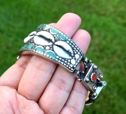 Tibetisches Silber Nepal Armband Türkis Koralle Ethno Armreif Muschel Scharnier Manschette - Bild 5 von 10