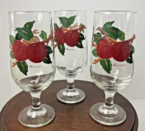 Set Of 3 Franciscan Apple Hand Painted 7.5" Stem Glasses Goblets 12 oz Signed