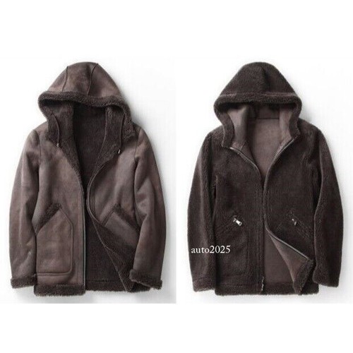 Winter Men's Suede Leather Jacket Alpaca Shearling Outwear Hooded Reversible New - Picture 9 of 19