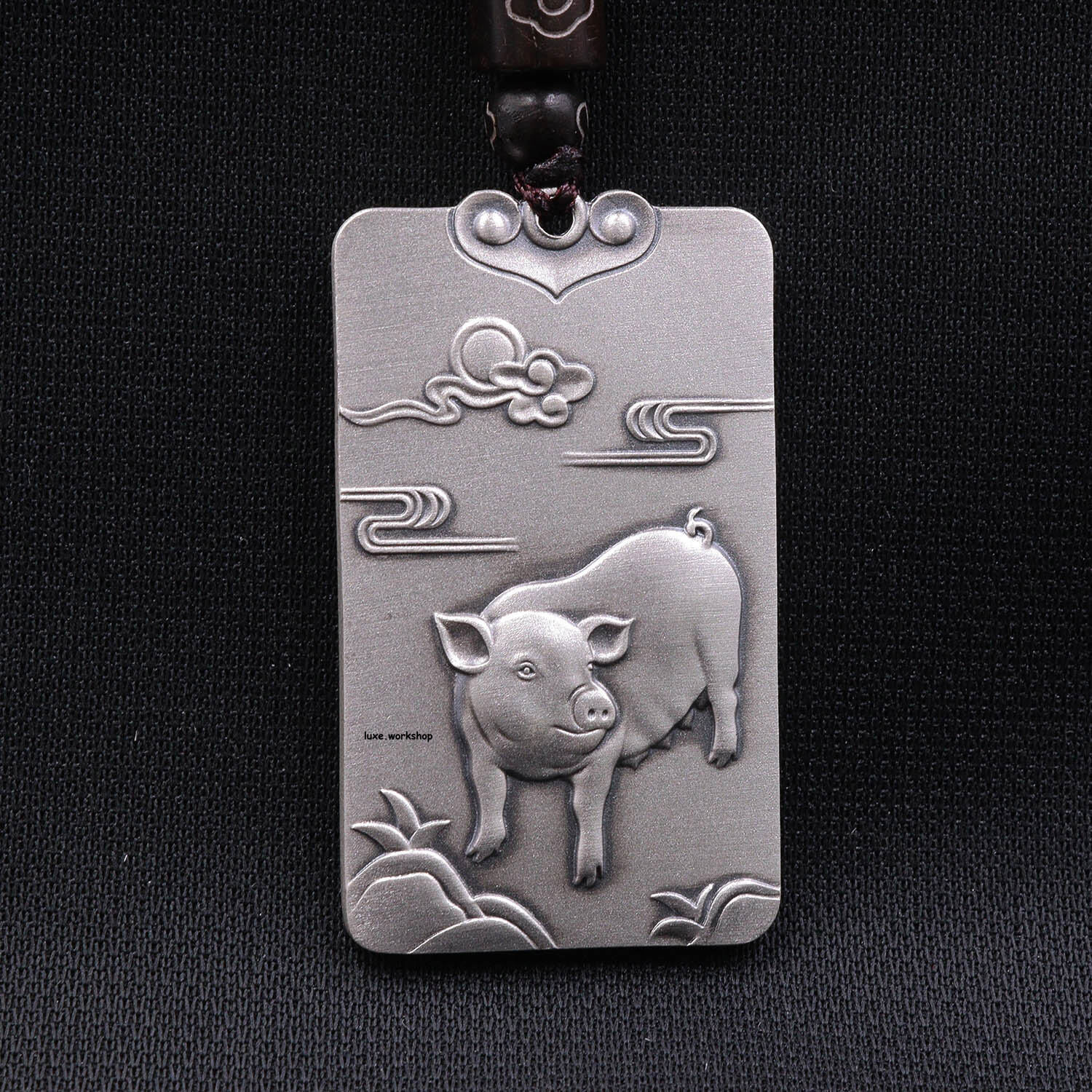 Pure 999 Fine Silver Pig Amitabha Satin Finish Rectangle Pendant 1.73''H