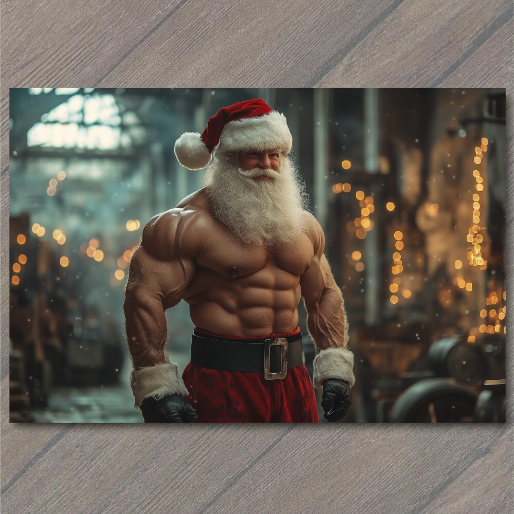 Art Print Bodybuilder Santa Claus Snow Powerful Christmas Muscular Buff ...