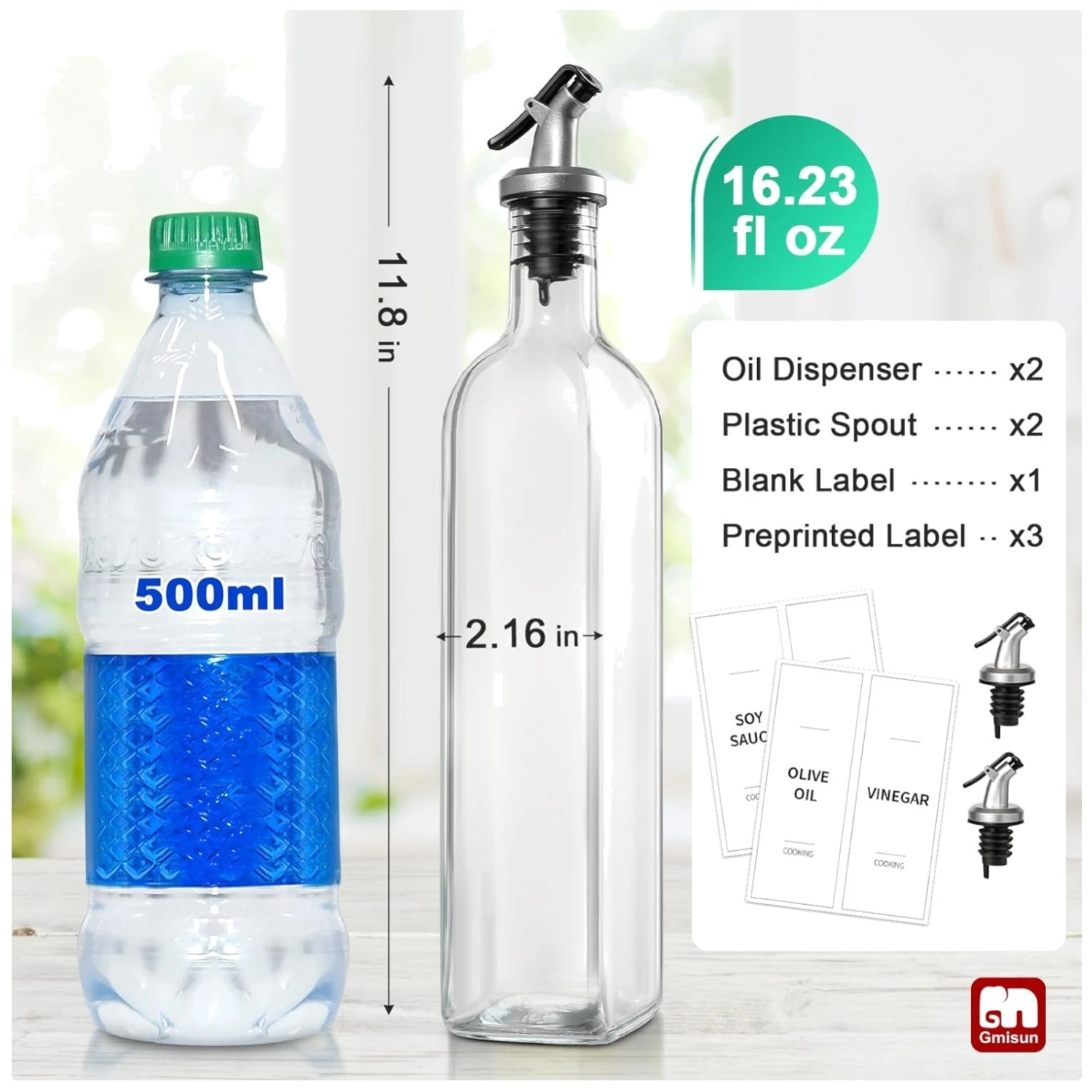 Oil & Vinegar Dispenser Bottles, 17oz Set of 2 with Funnel