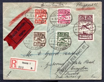 Danzig / Germany - 1924 Full Air Set Registered Express Airmail Cover to England - Image 1 of 2