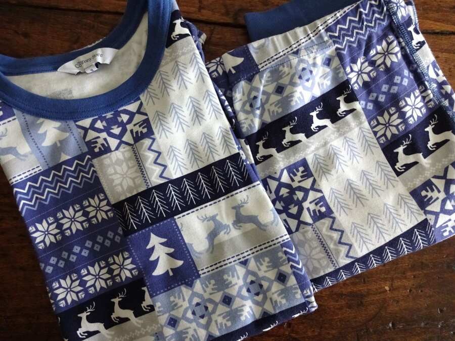 THE COMPANY STORE BLUE White NORDIC Reindeer ORGANIC COTTON 2PC PAJAMA Set MED