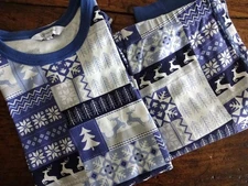 THE COMPANY STORE BLUE White NORDIC Reindeer ORGANIC COTTON 2PC PAJAMA Set MED