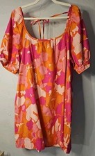 Flower Child Retro Mini Dress Sz XL Puff Sleeve Orange Pink Floral Babydoll #170