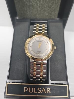 #ad Vintage Mens PULSAR Stainless Steel Watch with Date ES A01 New With Box NOS $65.00