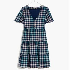 Madewell Plaid Button-Front Tiered Babydoll Dress Size Small Bengali Indigo