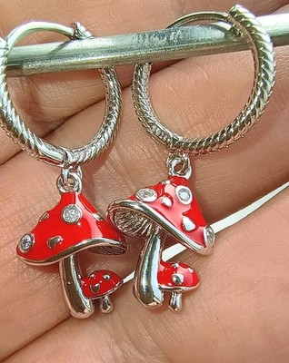 925 Sterling Silber Fliegenpilz Ohrringe rote Creolen Zirkon Steine + Samtbeutel