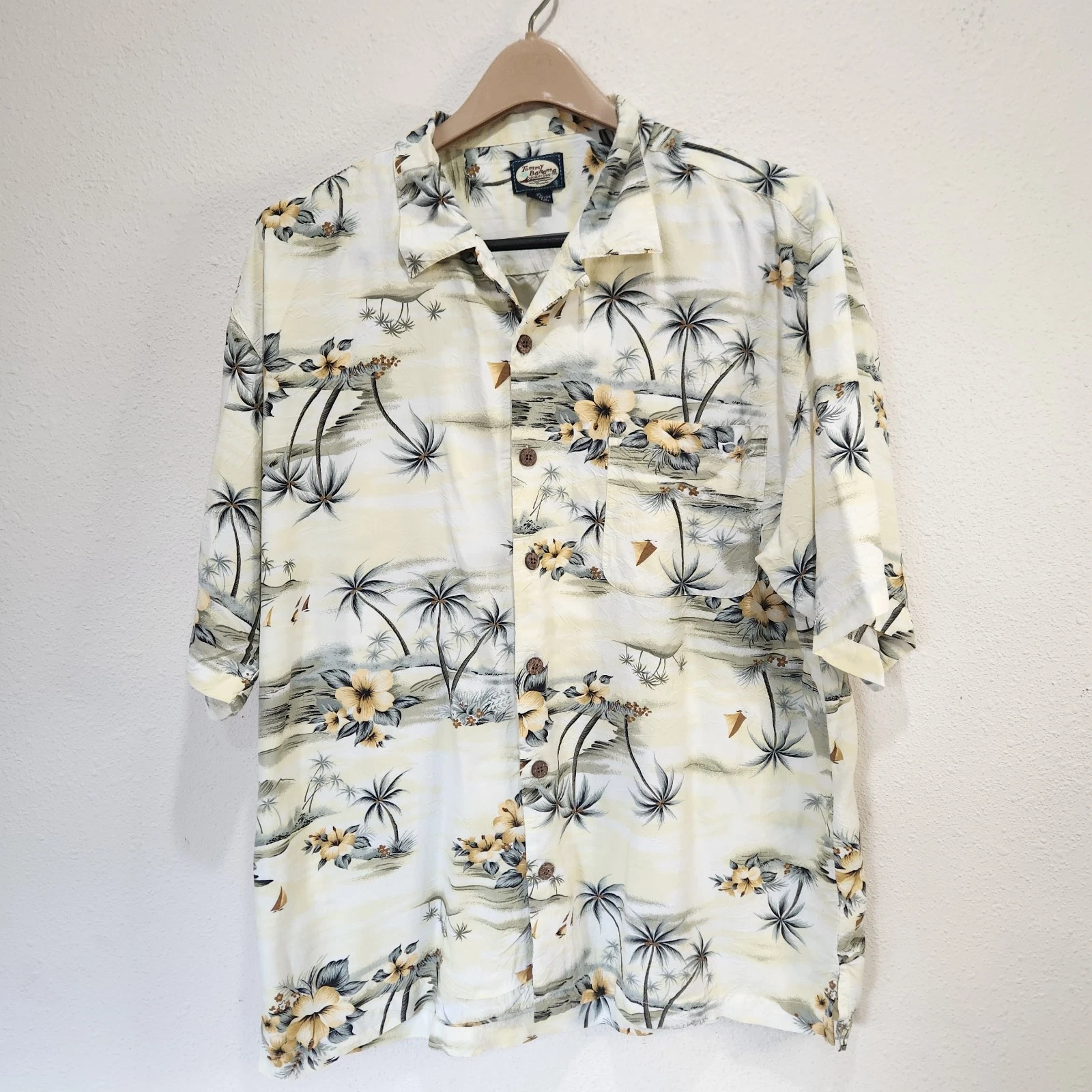 Tommy Bahama Men Hawaiian Shirt XL Yellow Palm Floral Resort Island Style Cruise