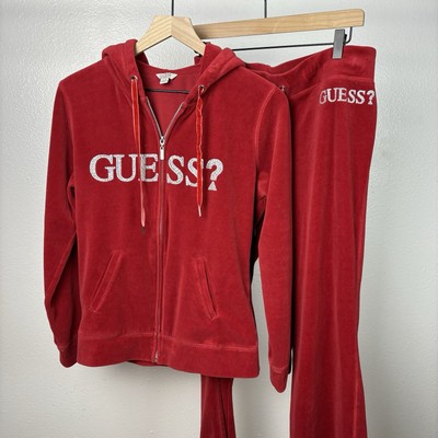 Vintage Y2K Guess Velour Velvet Hooded Track Suit Set Glitter Rhinestone Large
