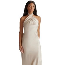 Quince Silk Stretch Washable Twist Halter Maxi Backless Dress Cream Champagne L