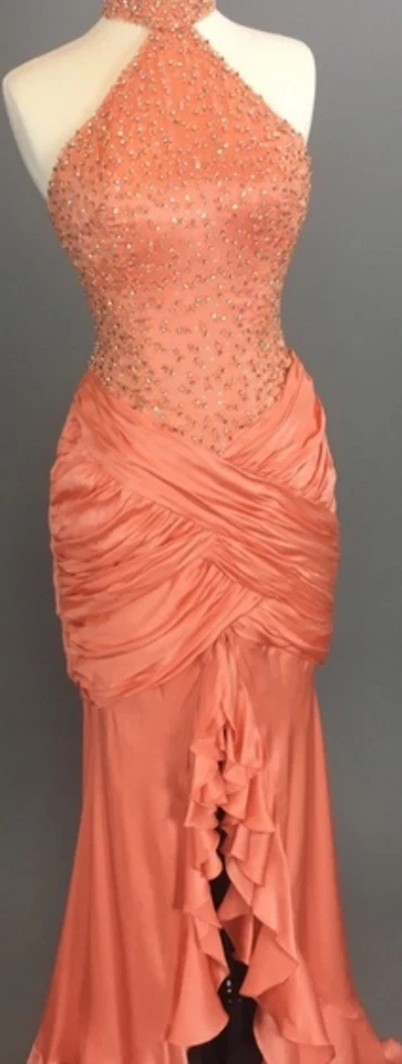 Vestido JOVANI 2004 Coral Halter Cuentas Coral Sirena Maxi Capas Satinado 6 Foto 2 de 4