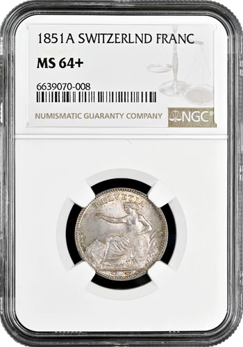 Switzerland 1 franc 1851 A, NGC MS64+, "Confoederatio Helvetica (1850 - 1916)"