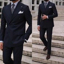 Business Pin Striped Men Suits Slim Fit Peak Lapel Double Breasted Jackets Pants