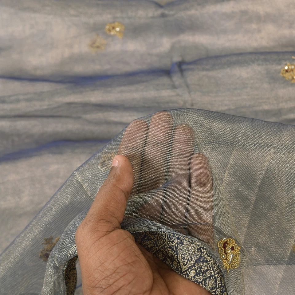 Sanskriti Vintage Gray Dupatta Long Stole Net Hand Beaded Zardozi Wrap Scarves   - Image 2 of 4