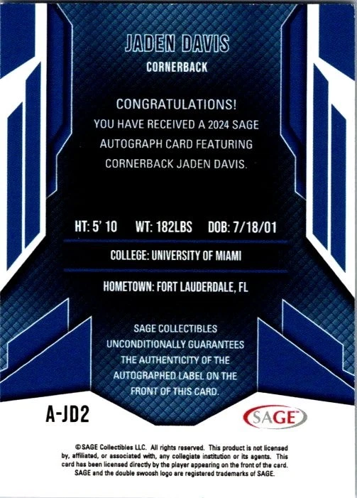 2024 Jaden Davis Sage High Series Red RC Rookie Auto #JD2-Cardinals Miami Canes - Image 2 of 2