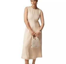 J. Crew Dress Womens 2 Fringe Trim Glossy Twill Cream Gold  Midi Sheath Flare