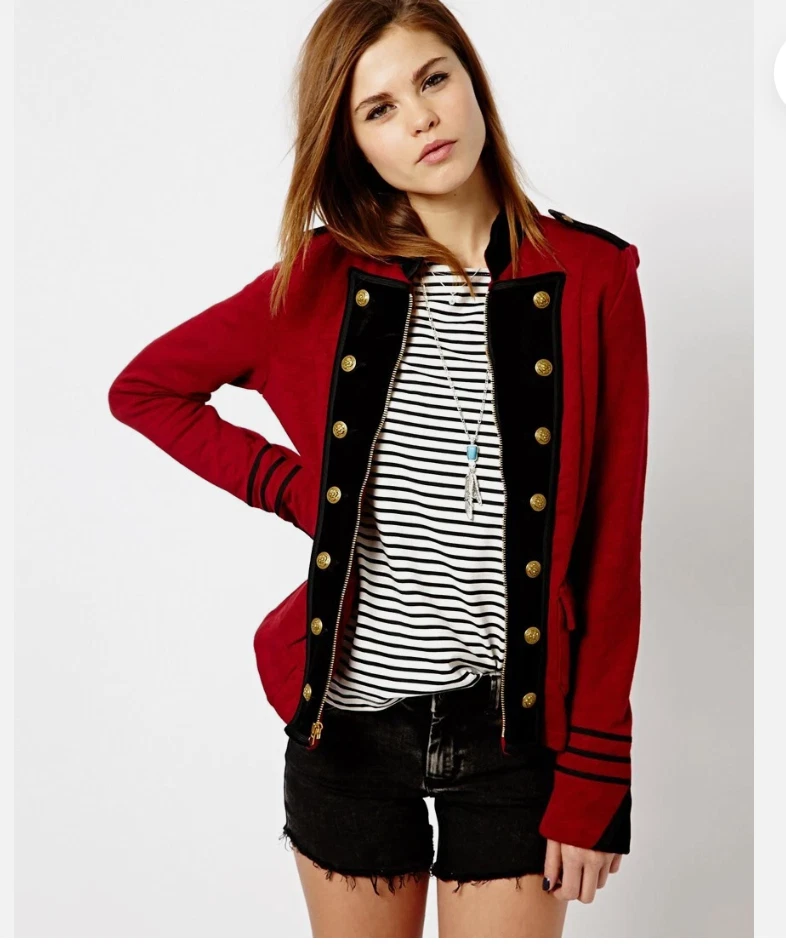 RALPH LAUREN 军用夹克女式 S 红色金色纽扣蒸汽朋克表带牛仔布用品 — 第 2/4 张图片