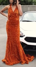 Orange Sequin Sleeveless V-Neck Formal Maxi Gown for Women Long Dress