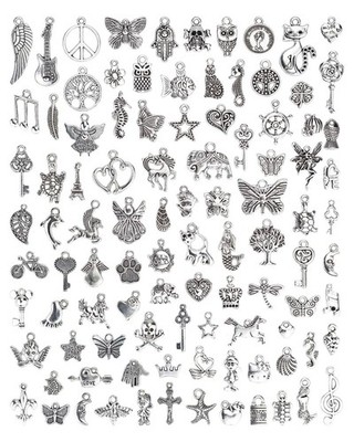 100 Pcs Silver Charms for Jewelry Making Mixed Lot Pendants Bracelet Necklac.